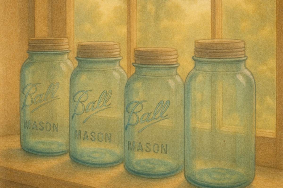 blue mason jars in windowsill.