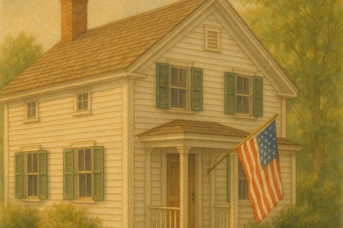 white farmhouse with flag.
