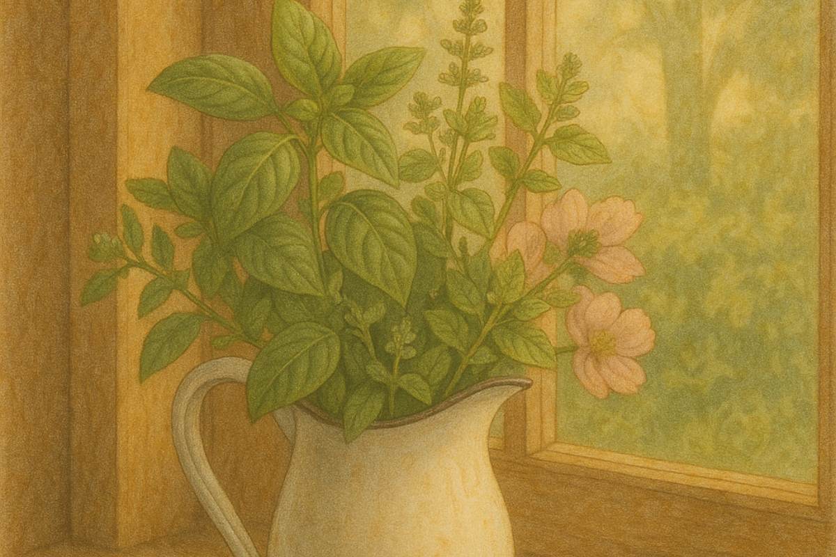 herbs in a white pitcher.