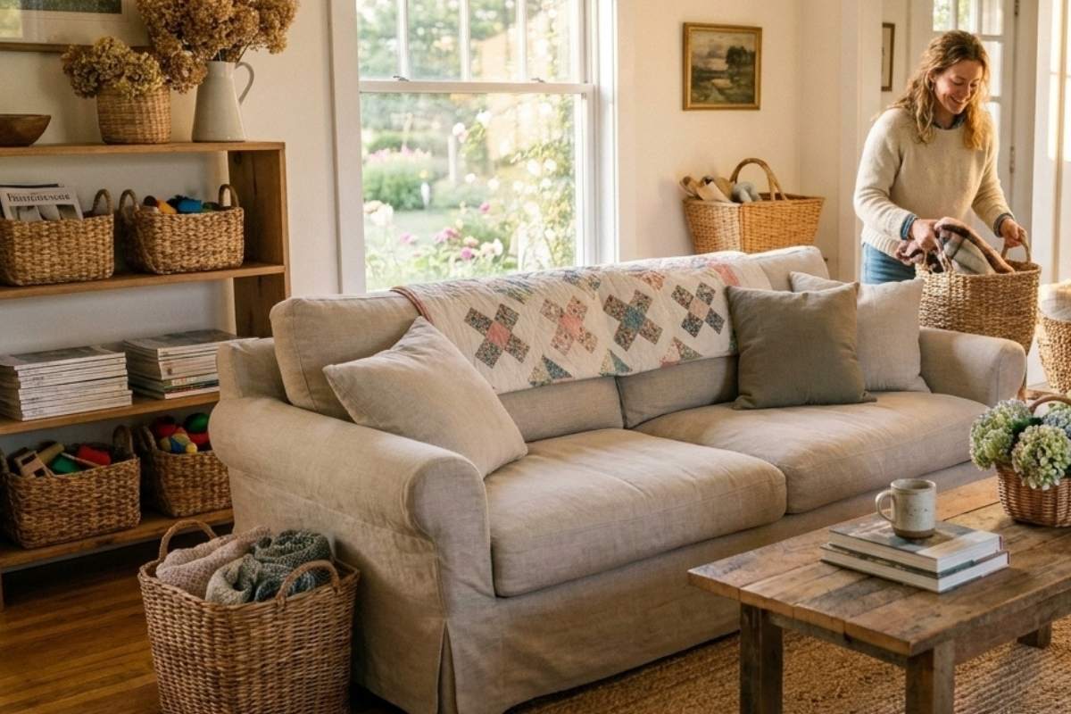A living room with wicker baskets on open shelves and a woman standing nearby.