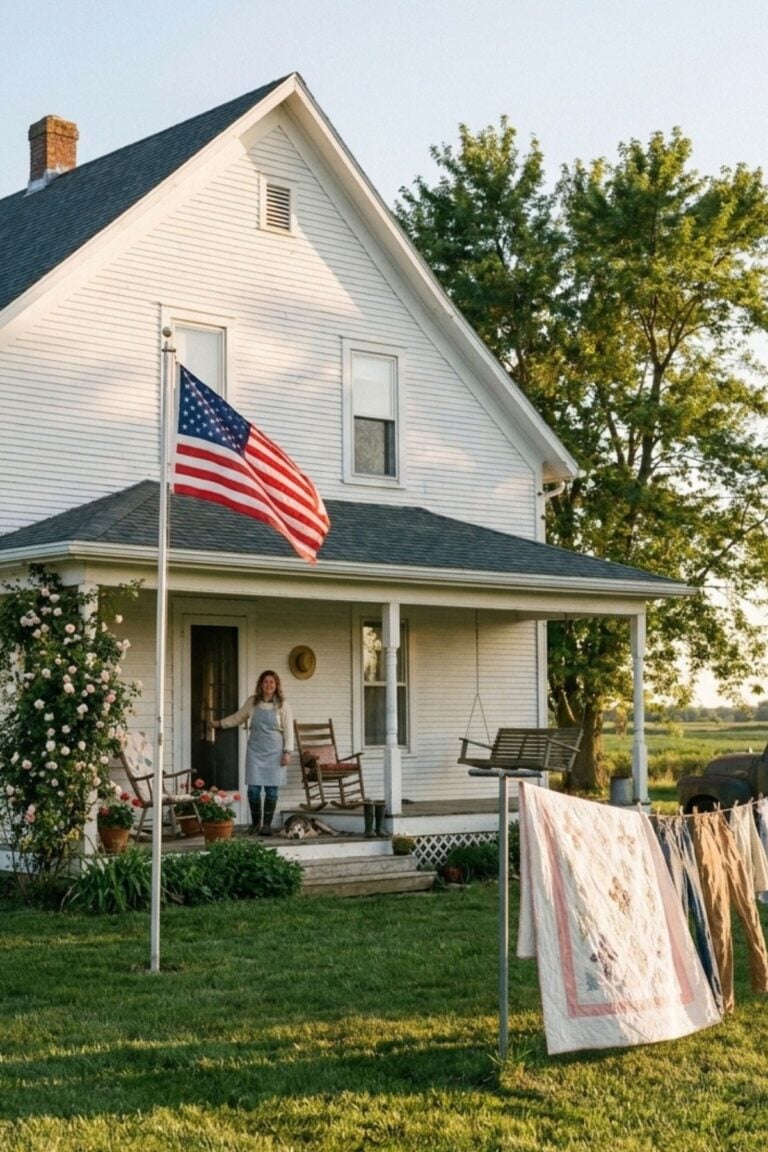 farmhouse with american flag.