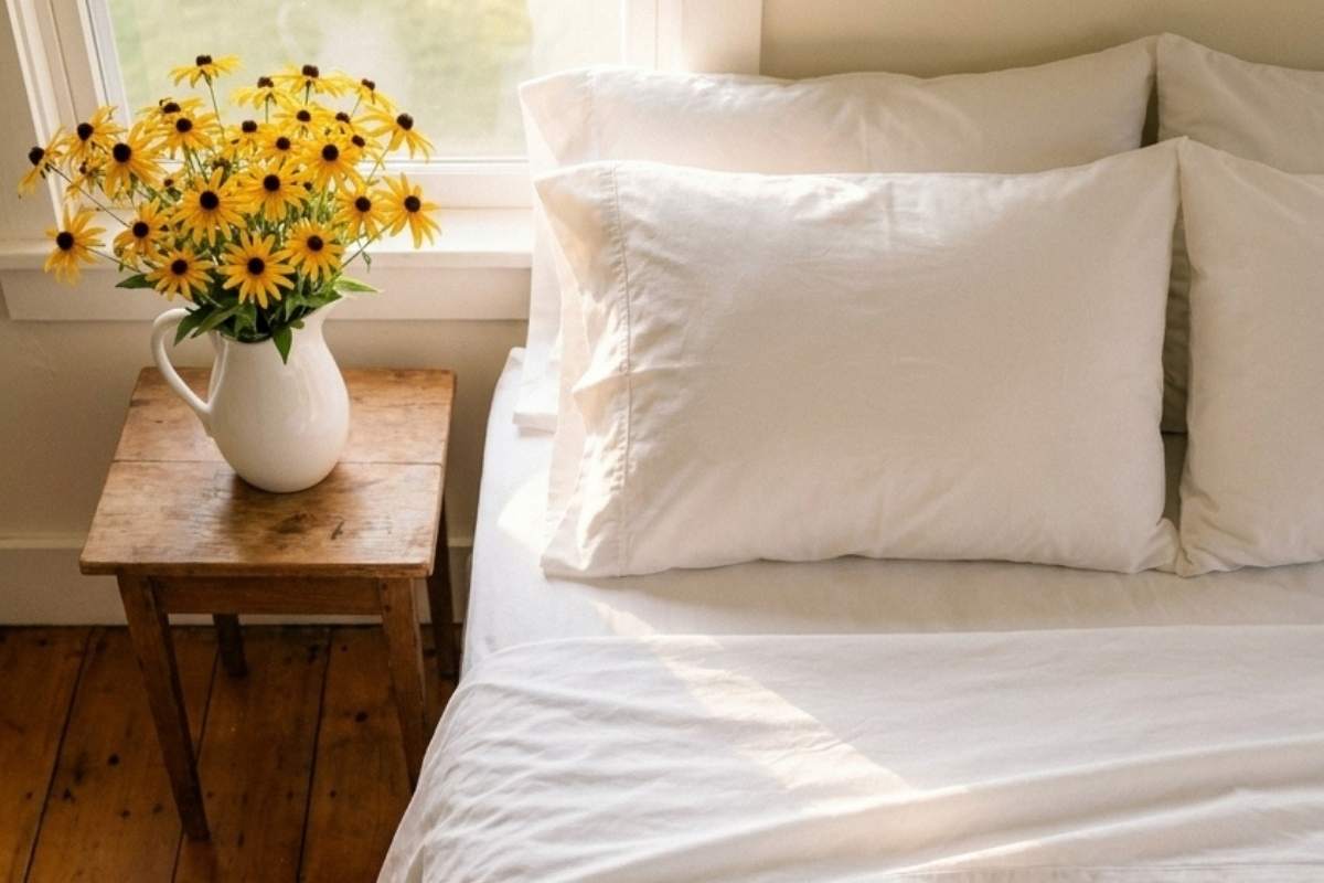 A bed with white pillows and a white pitcher of yellow flowers on a nightstand.