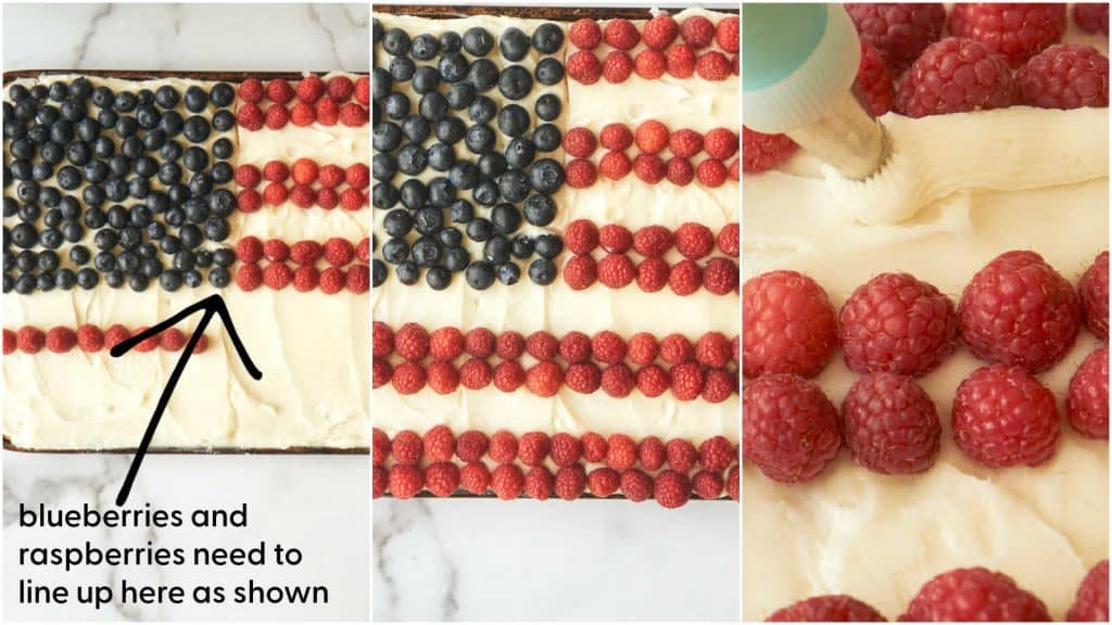 3 process shots showing proper layout of blueberries and raspberries to make american flag design
