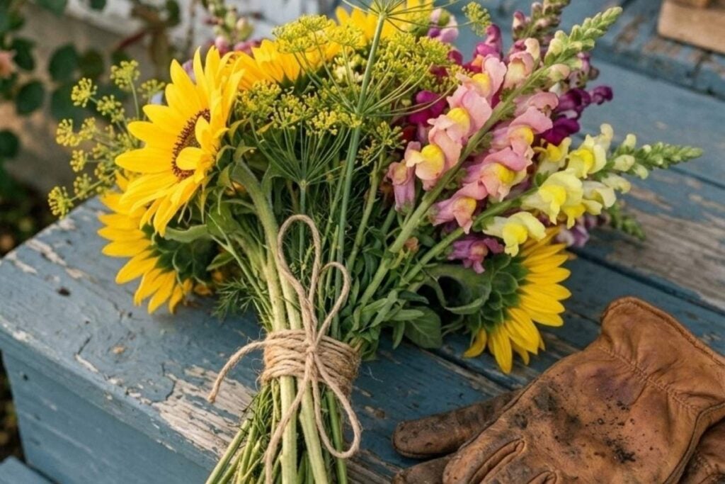A bouquet of sunflowers and colorful flowers tied with twine next to gardening gloves.