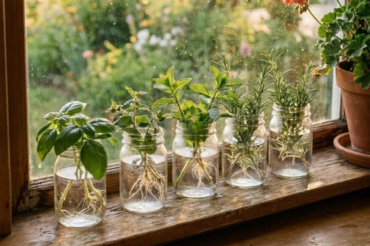 Fresh herbs growing in glass jars on a sunny windowsill.