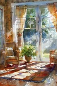 Cozy living room with wicker chairs, plaid cushions, large windows, light curtains, and a potted plant.