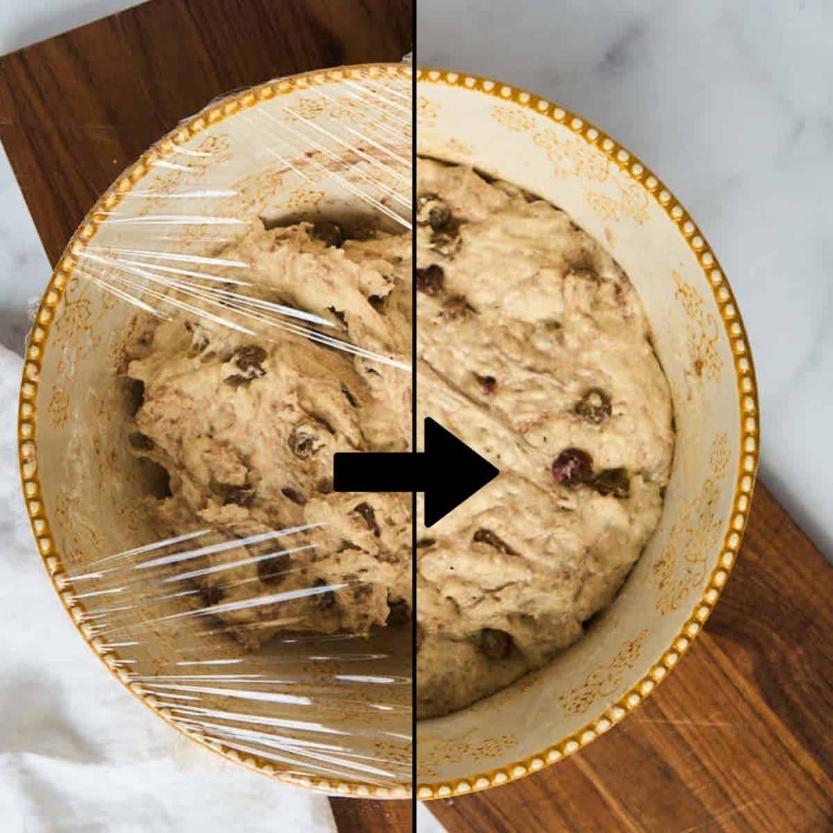 split image showing dough before rising and after: it is doubled in size