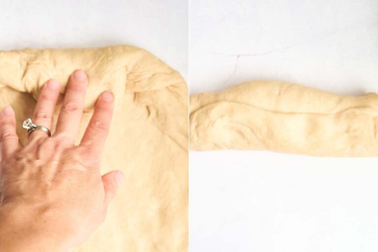 dough being shaped into loaf.