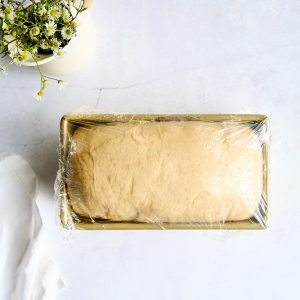 risen loaf of bread topped with plastic wrap