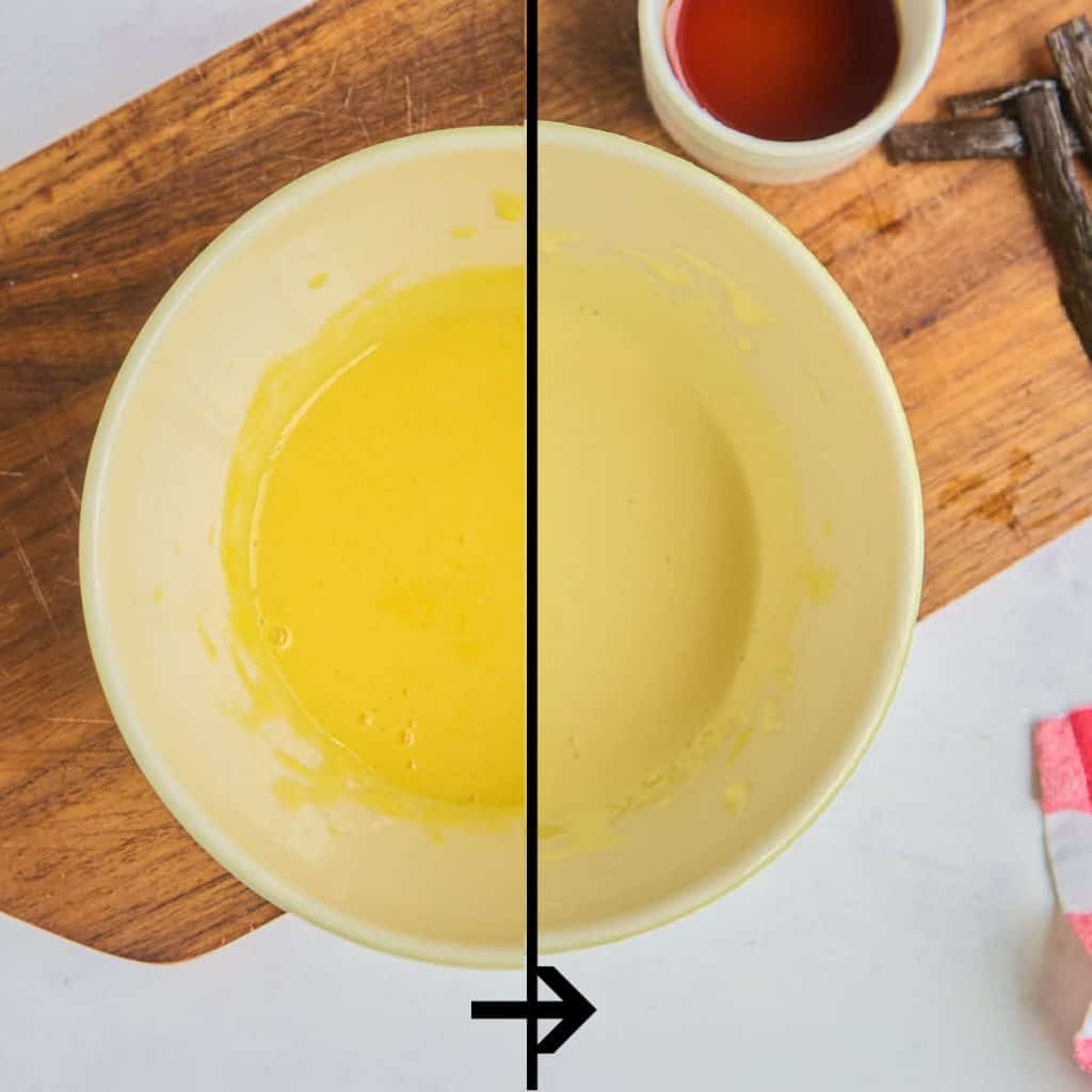 process shot showing color change of egg yolks and sugar