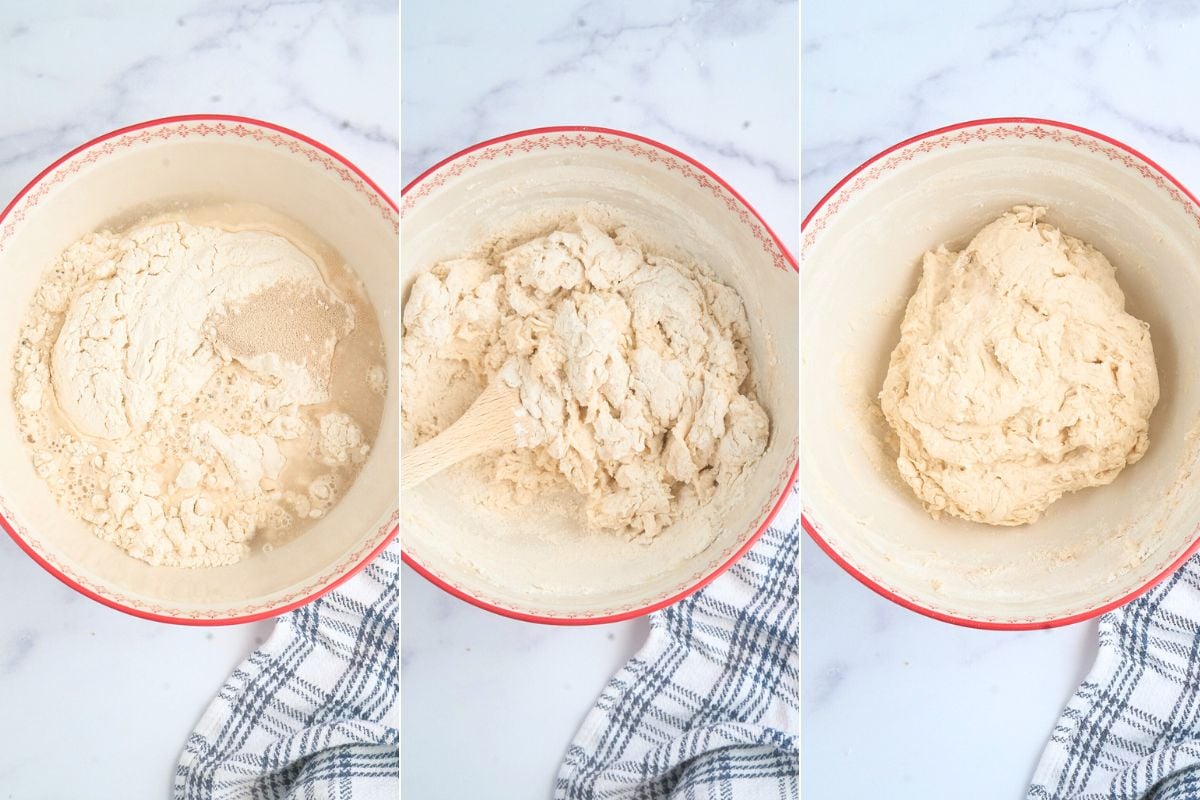 Dry ingredients and water in a bowl with a wooden spoon.