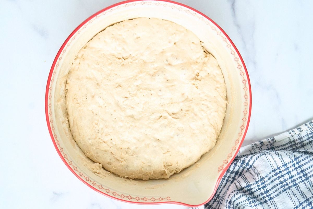 Puffed-up dough in a bowl after overnight rise.
