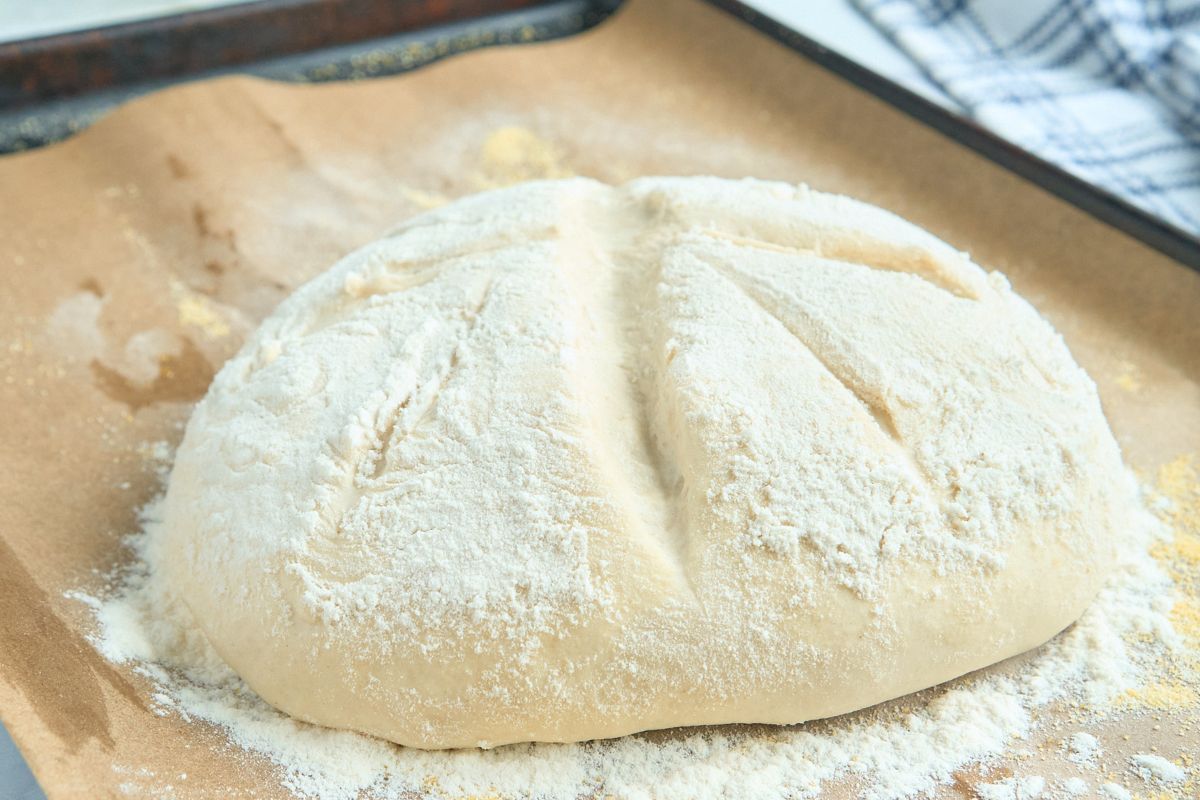 Shaped dough with flour and score marks on parchment paper.