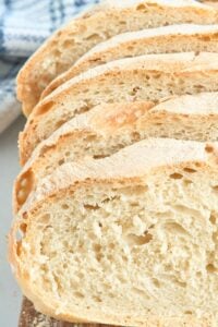 sliced oval shaped homemade no knead loaf.