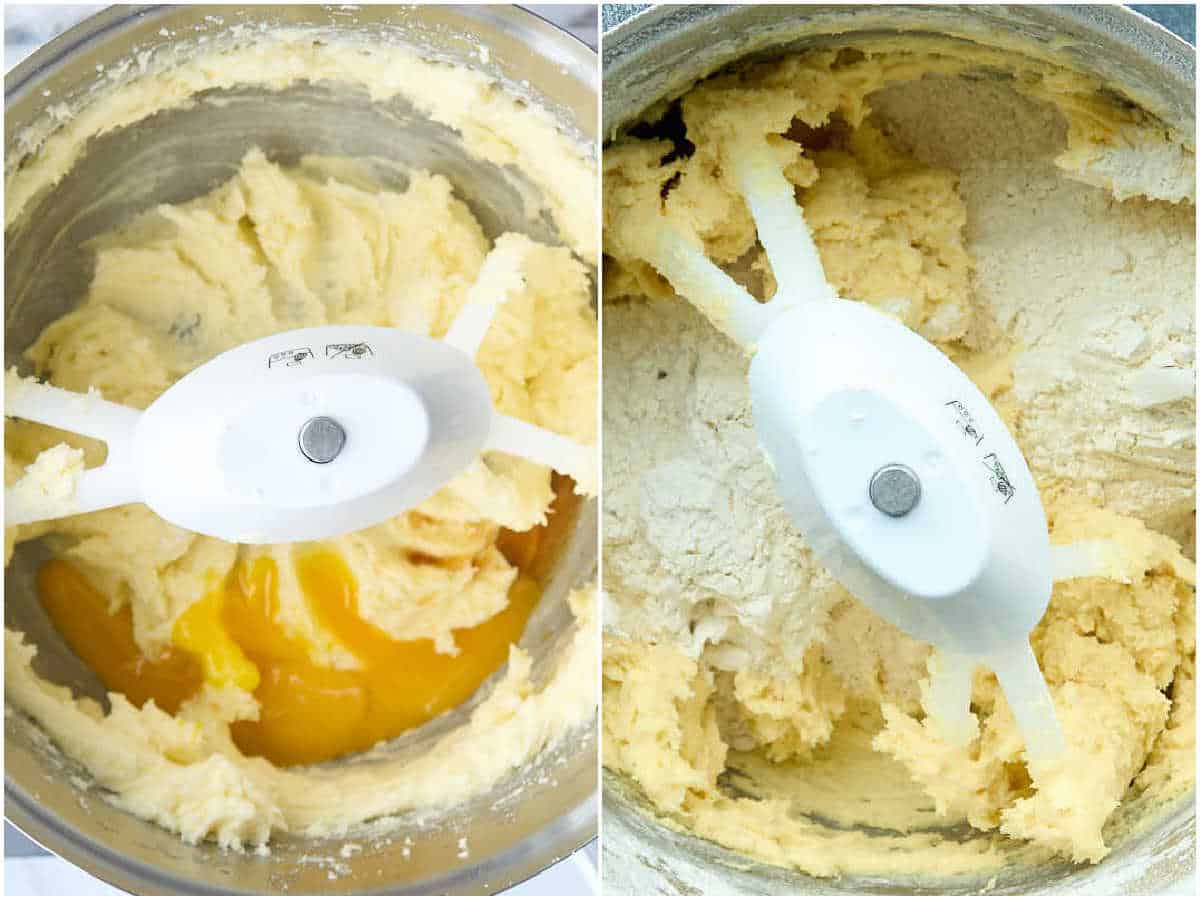 process shots of creaming butter and sugar and a shot of adding flour to mixing bowl