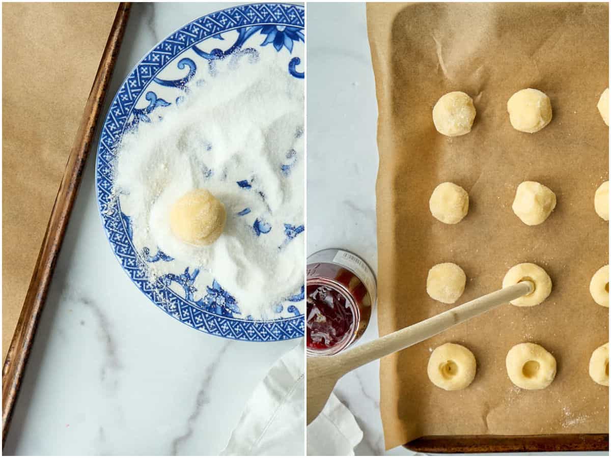 rolling balls of cookie dough into granulated sugar and showing wooden spoon making indentation into ball of dough