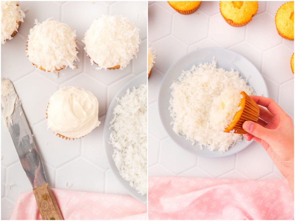 Frosted cupcakes and a hand dipping a cupcake into a plate of shredded coconut