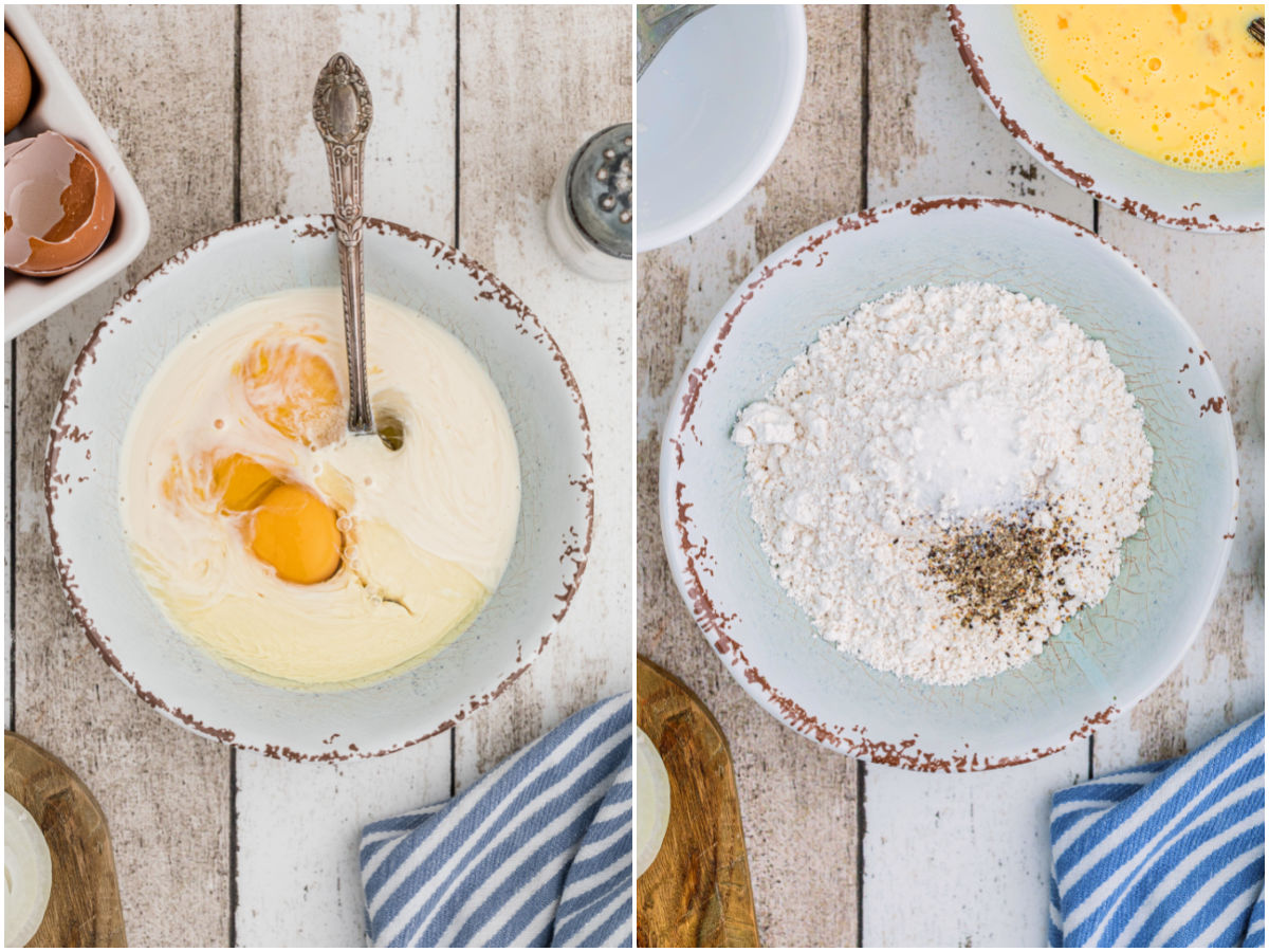eggs and milk in bowl, flour in another bowl for dipping