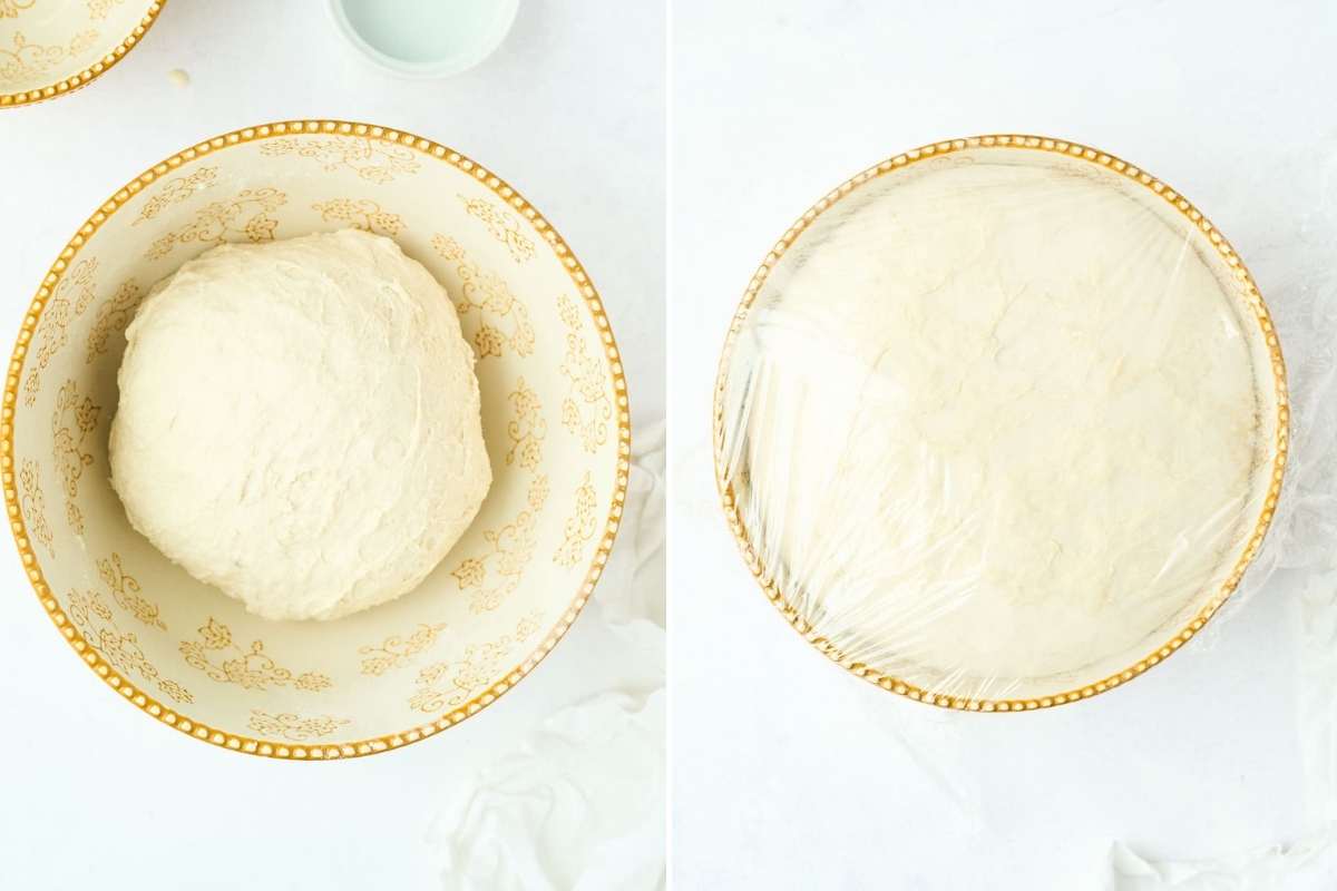 balll of dough in mixing bowl before and after first rise