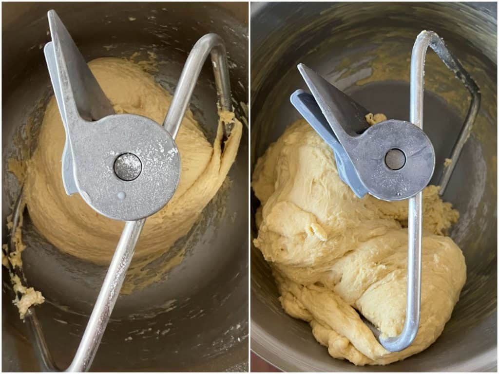 2 images of brioche dough in stand mixer
