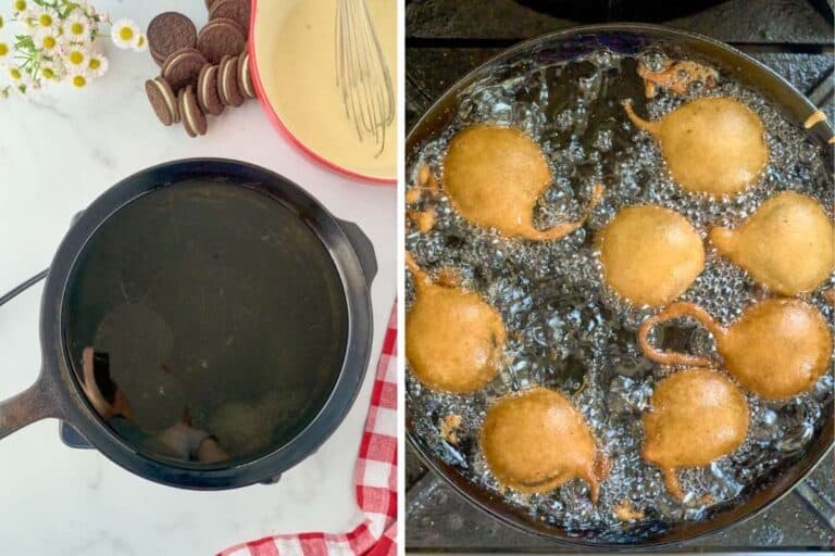 skillet with oil and brown battered oreos
