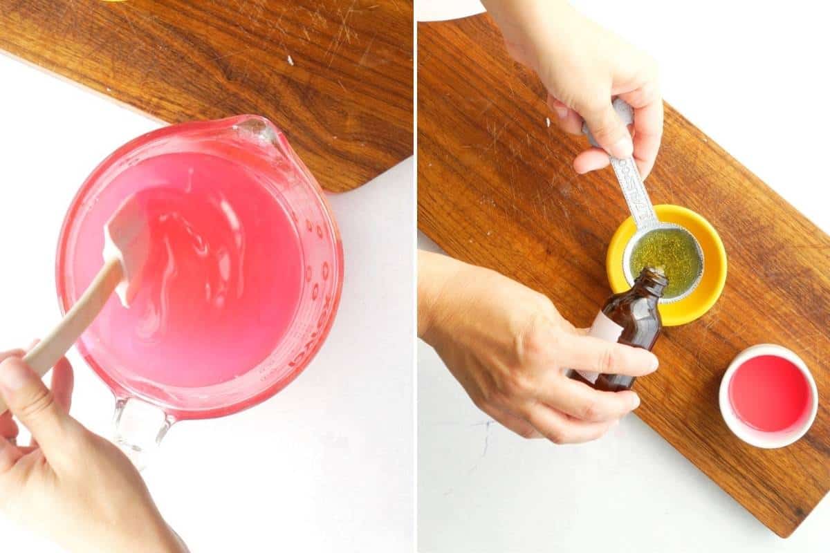 clear pink melted soap in pyrex dish