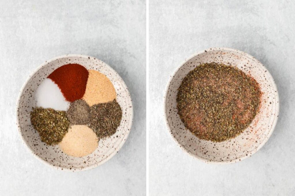 bowl of seasoning before and after mixing.