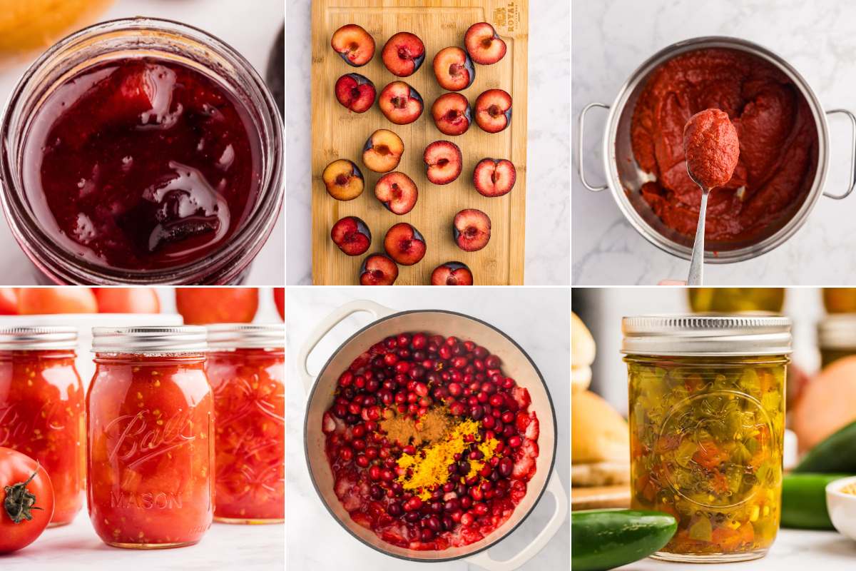 six images showing finished canned goods and the process,