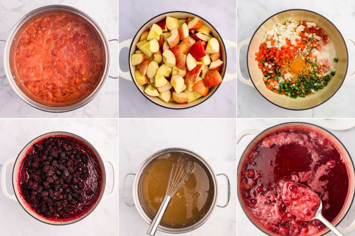 grid of 6 different canning recipes in progress.