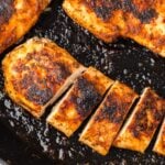 finished cast iron chicken breast overhead.