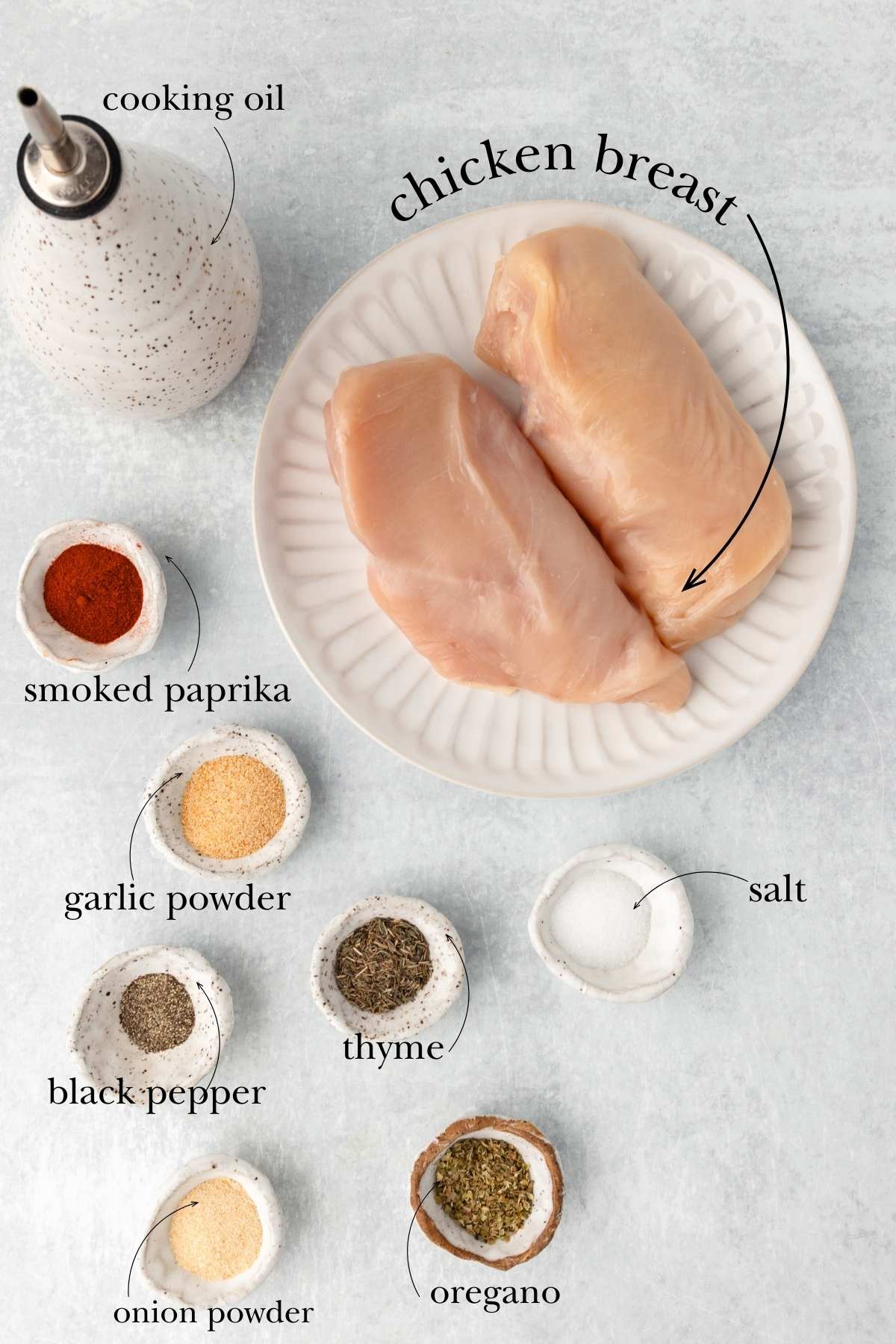 all ingredients for chicken recipe measured out on counter.
