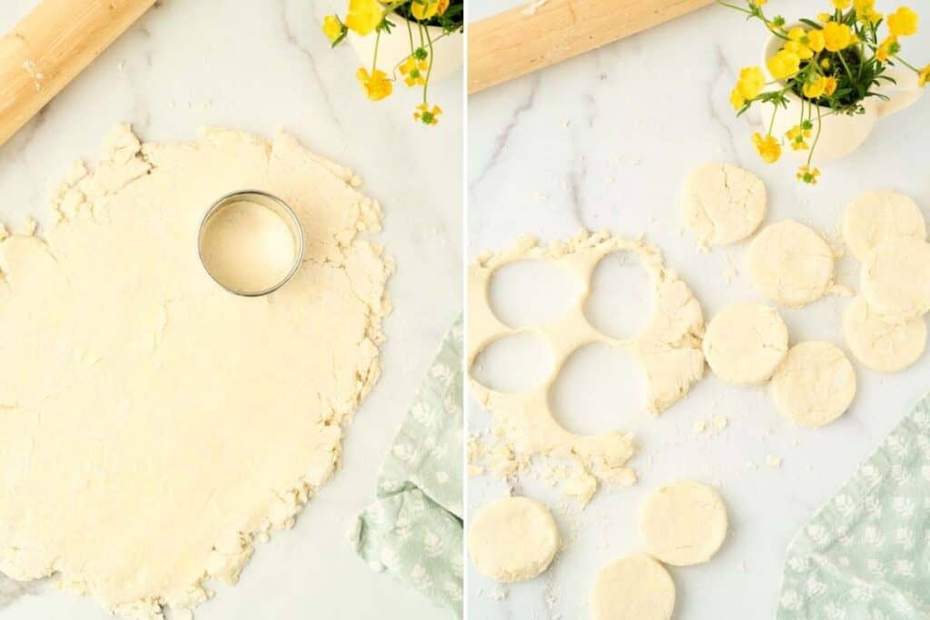 counter with dough rolled out and cut with round cutter