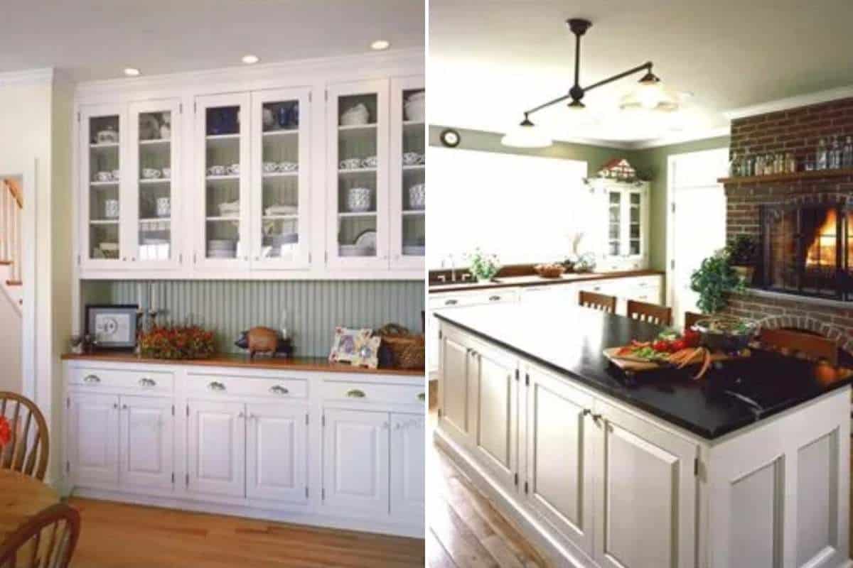 kitchen with fireplace, large island and lot of windows