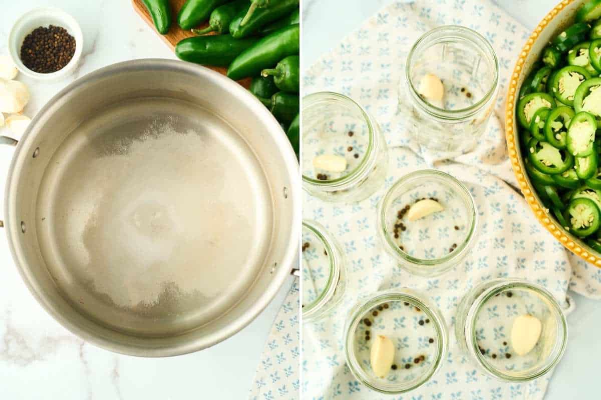 pot filled with brine and jars filled with spices