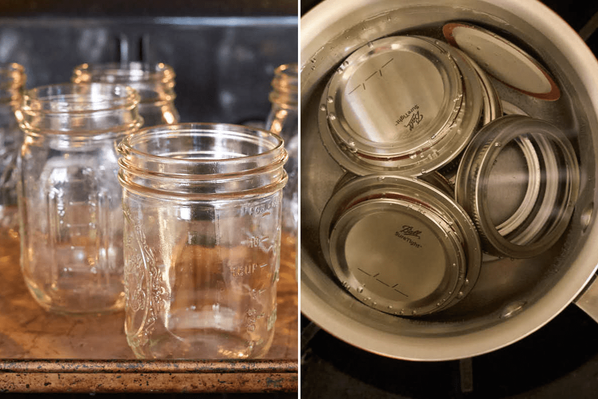 jars in oven and lids in pot of boiling water