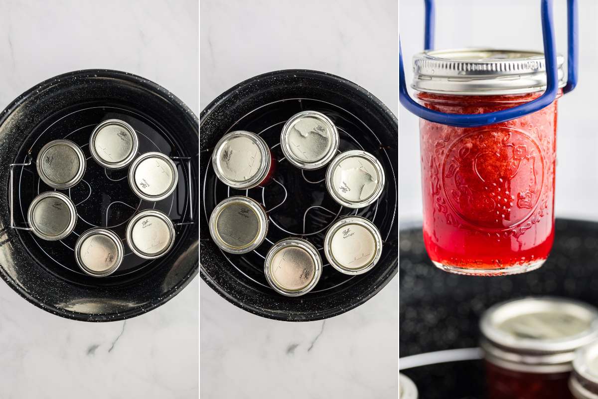 3 images showing preserves being lowered into boiling water canner.
