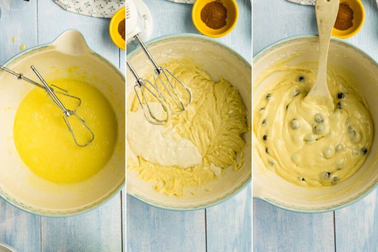 grid of 3 images showing blueberry muffin batter being mixed.
