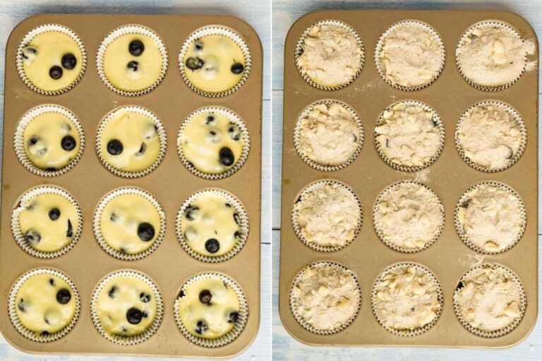 blueberry muffin batter and topping before baking.