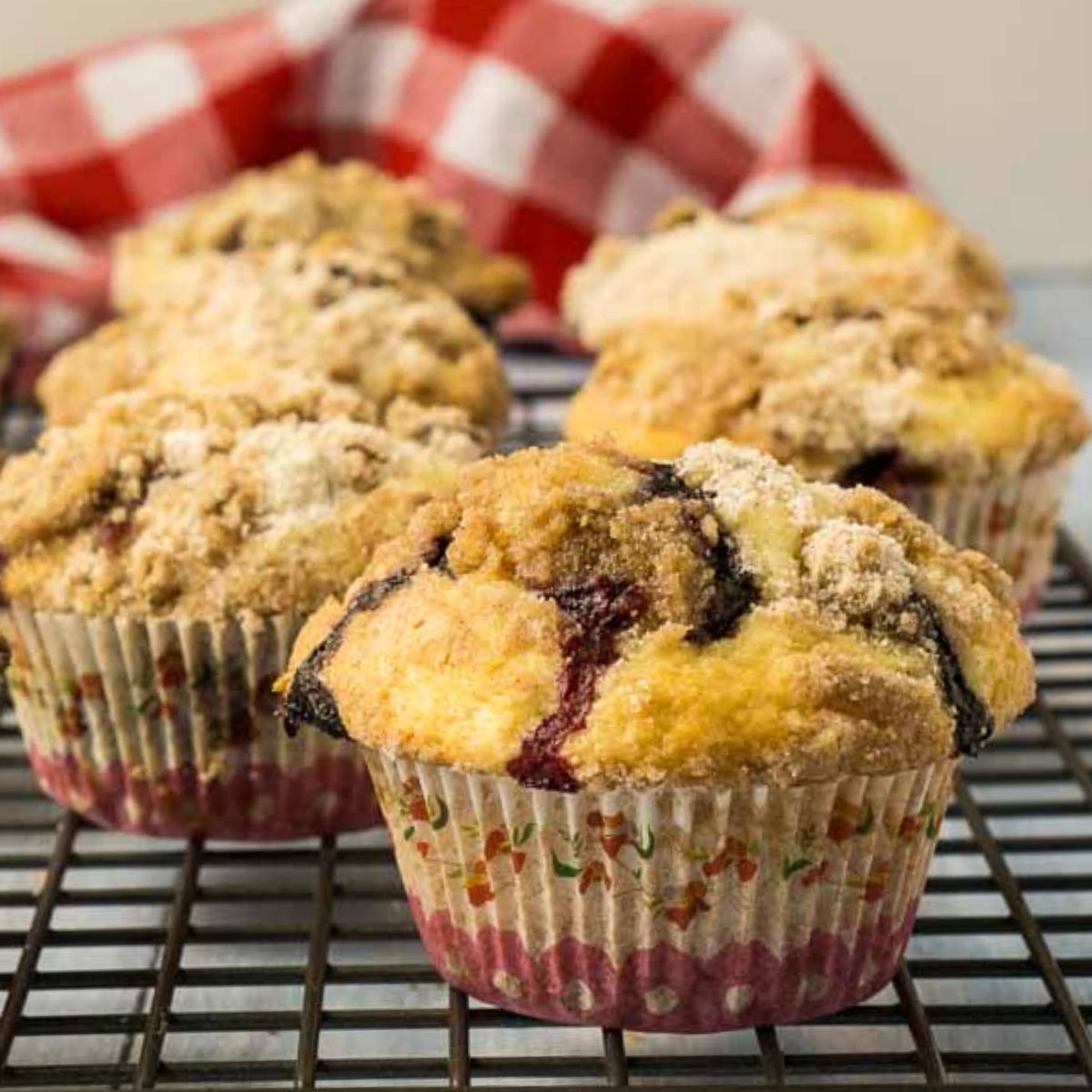 blueberry muffins on cooling rack.