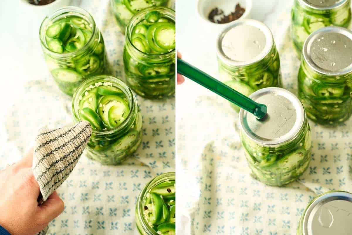jars being wiped clean and lids put on top
