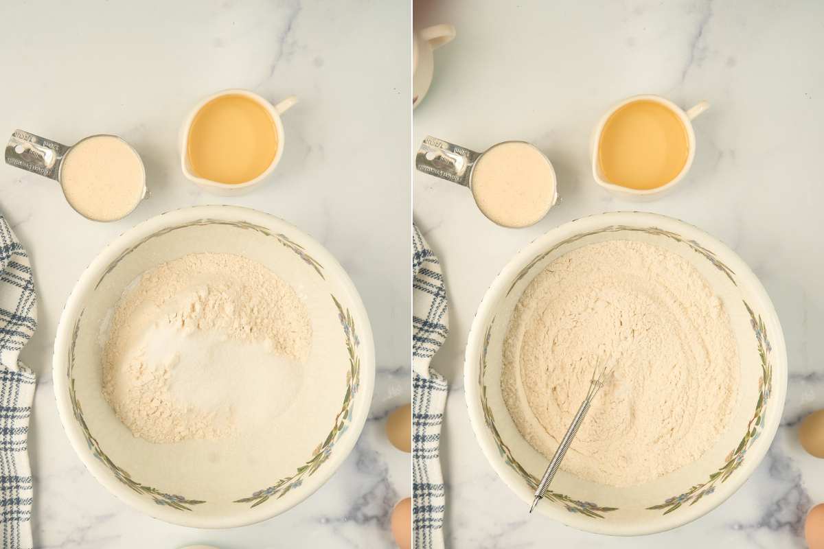 dry ingredients in bowl before and after combining.