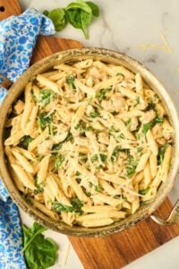 penne pasta dish in steel pan