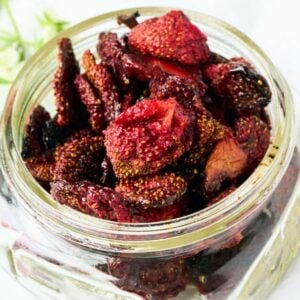 small glass jar of dried strawberries
