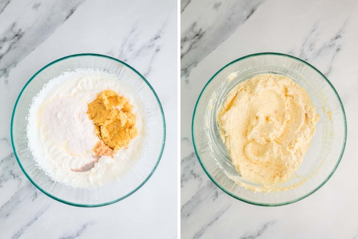 Whipped topping, pudding mix, and crushed pineapple before and after mixing.