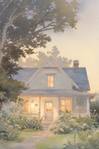 farmhouse at dusk lit from within.