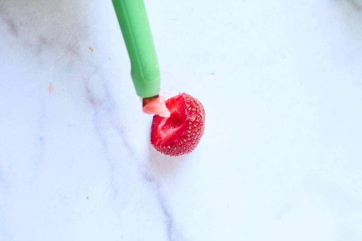 hulled strawberry up close