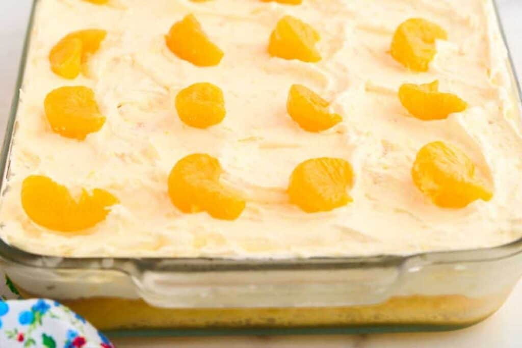 9 x 13 glass dish with orange cake
