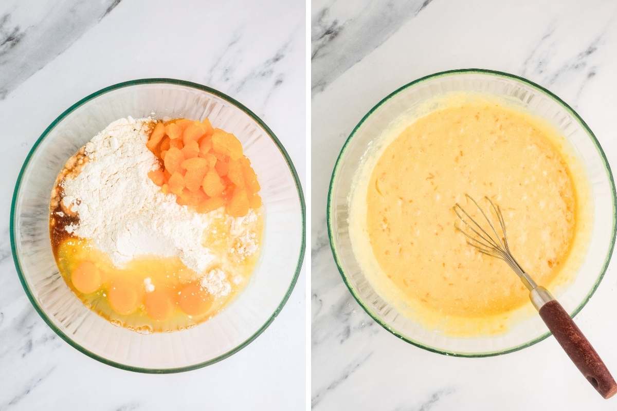 Cake mix, eggs, and mandarin oranges before and after whisking together.