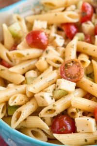 Pasta Salad with Cucumbers + Tomatoes + Mozzarella
