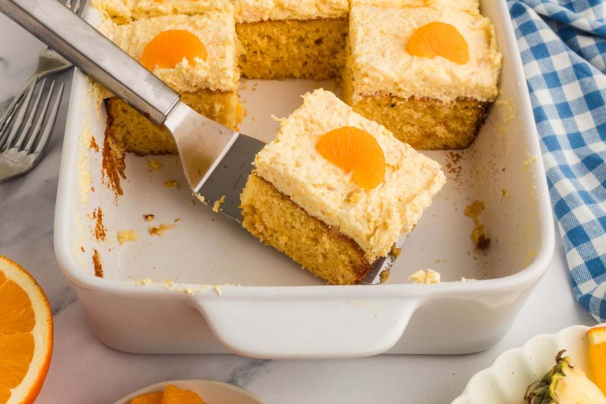 finished cake cut into squares.